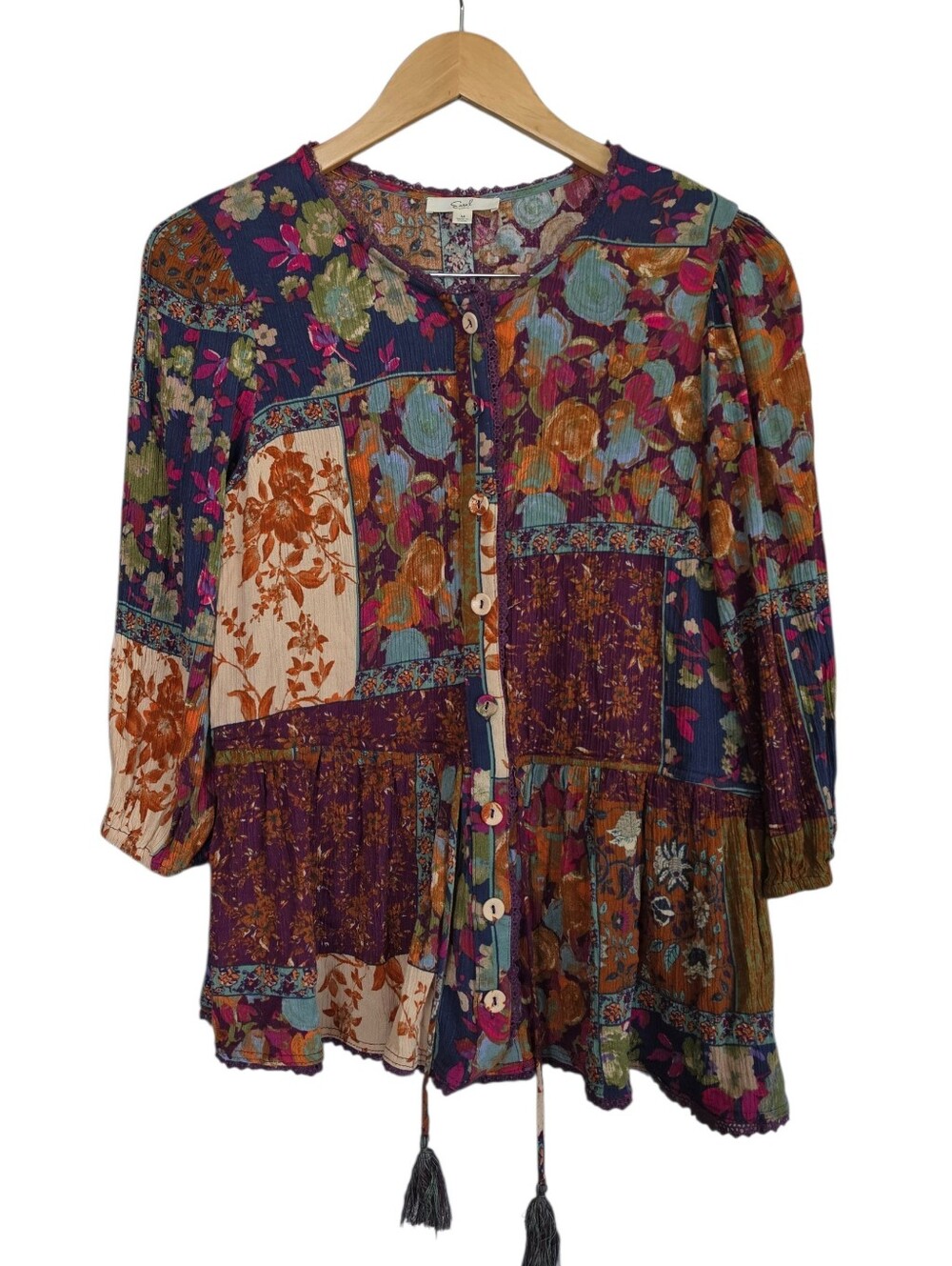 easel Patchwork Floral Button-Front Blouse in Purple, Rust, Teal, Pink